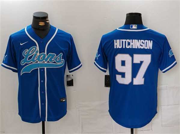 Mens Detroit Lions #97 Aidan Hutchinson Blue Cool Base Stitched Baseball Jersey